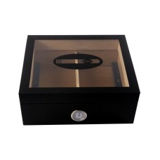 Humidor - Schwarz, Glasdeckel mit Zigarrendekor, spanischer Zeder, für 50 Zigarren