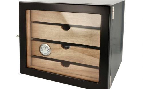 Humidorschrank für 80 Zigarren, spanischer Zeder, 4 Schubladen, Glastür - schwarz, Angelo