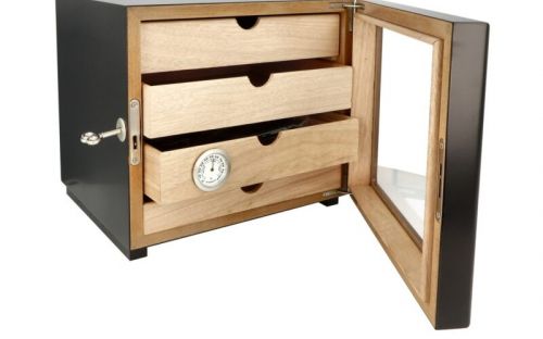 Humidorschrank für 80 Zigarren, spanischer Zeder, 4 Schubladen, Glastür - schwarz, Angelo