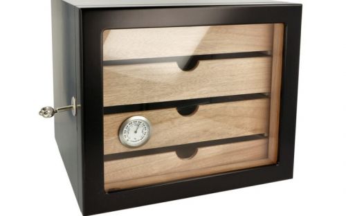 Humidorschrank für 80 Zigarren, spanischer Zeder, 4 Schubladen, Glastür - schwarz, Angelo