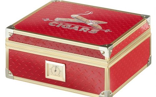 Humidor für 40 Zigarren, Zigarrenkistehalter aus spanischem Zedernholz, mit Befeuchter, Hygrometer - rot, mit goldfarbenem Metallrahmen, Angelo