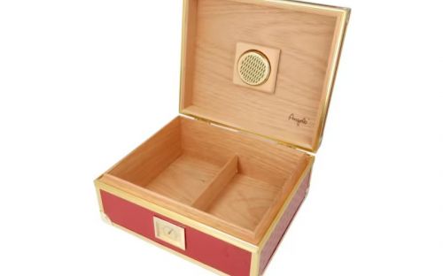 Humidor für 40 Zigarren, Zigarrenkistehalter aus spanischem Zedernholz, mit Befeuchter, Hygrometer - rot, mit goldfarbenem Metallrahmen, Angelo