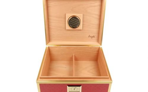 Humidor für 40 Zigarren, Zigarrenkistehalter aus spanischem Zedernholz, mit Befeuchter, Hygrometer - rot, mit goldfarbenem Metallrahmen, Angelo