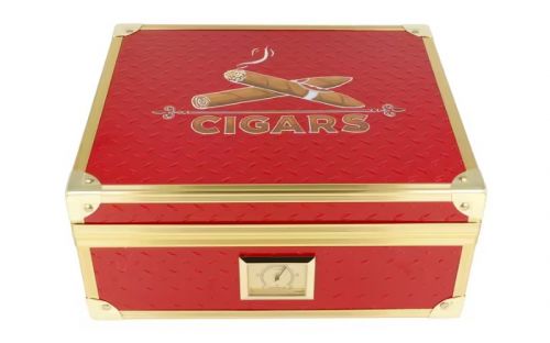 Humidor für 40 Zigarren, Zigarrenkistehalter aus spanischem Zedernholz, mit Befeuchter, Hygrometer - rot, mit goldfarbenem Metallrahmen, Angelo