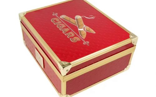 Humidor für 40 Zigarren, Zigarrenkistehalter aus spanischem Zedernholz, mit Befeuchter, Hygrometer - rot, mit goldfarbenem Metallrahmen, Angelo