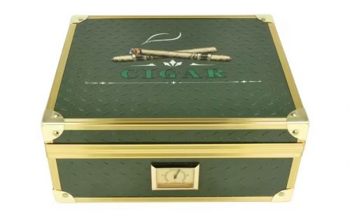 Humidor für 40 Zigarren, Zigarrenkistehalter aus spanischem Zedernholz, mit Befeuchter, Hygrometer - grün, mit goldfarbenem Metallrahmen, Angelo