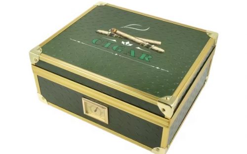Humidor für 40 Zigarren, Zigarrenkistehalter aus spanischem Zedernholz, mit Befeuchter, Hygrometer - grün, mit goldfarbenem Metallrahmen, Angelo