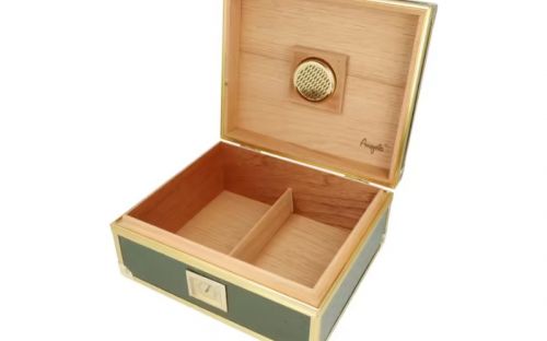 Humidor für 40 Zigarren, Zigarrenkistehalter aus spanischem Zedernholz, mit Befeuchter, Hygrometer - grün, mit goldfarbenem Metallrahmen, Angelo