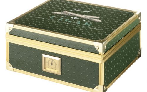 Humidor für 40 Zigarren, Zigarrenkistehalter aus spanischem Zedernholz, mit Befeuchter, Hygrometer - grün, mit goldfarbenem Metallrahmen, Angelo