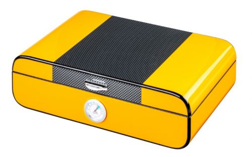 Humidor für 50 Zigarren, Zigarrenkiste aus spanischem Zedernholz, mit Befeuchter, externes Hygrometer, Carbon/Gelb, oval - Angelo