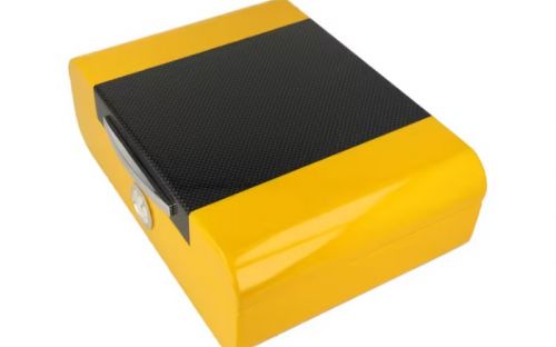 Humidor für 50 Zigarren, Zigarrenkiste aus spanischem Zedernholz, mit Befeuchter, externes Hygrometer, Carbon/Gelb, oval - Angelo