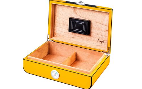 Humidor für 50 Zigarren, Zigarrenkiste aus spanischem Zedernholz, mit Befeuchter, externes Hygrometer, Carbon/Gelb, oval - Angelo