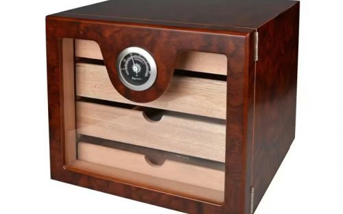 Humidorschrank für 80 Zigarren, 4 Schubladen, externer Hygrometer, Glastür - braun, Angelo
