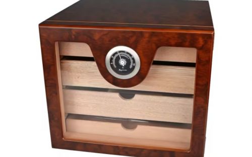 Humidorschrank für 80 Zigarren, 4 Schubladen, externer Hygrometer, Glastür - braun, Angelo