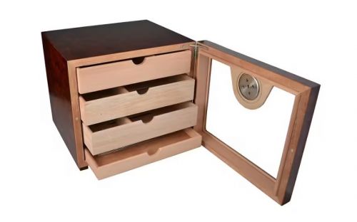 Humidorschrank für 80 Zigarren, 4 Schubladen, externer Hygrometer, Glastür - braun, Angelo