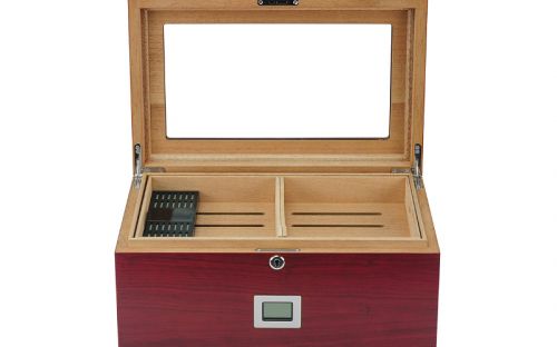 Gastrohumidor mit gewölbtem Glasdeckel, für 80 Zigarren, spanischer Zeder,  Befeuchter und digital Hygrometer - Achenty!