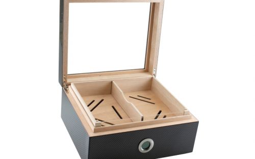 Gastrohumidor für 80 Zigarren, Zigarrenbehalter mit Acryldeckel, aus spanischem Zedernholz, Befeuchter und Hygrometer - Carbon