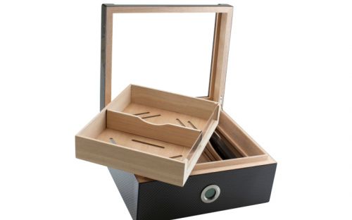 Gastrohumidor für 80 Zigarren, Zigarrenbehalter mit Acryldeckel, aus spanischem Zedernholz, Befeuchter und Hygrometer - Carbon