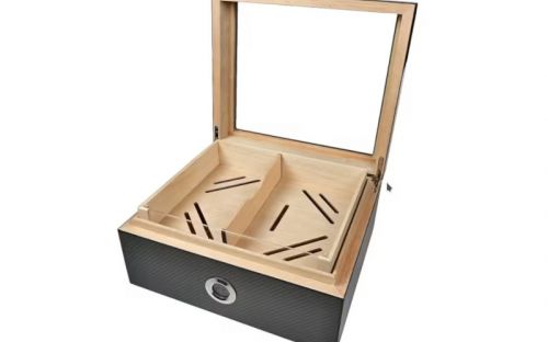 Gastrohumidor für 80 Zigarren, Zigarrenbehalter mit Acryldeckel, aus spanischem Zedernholz, Befeuchter und Hygrometer - Carbon