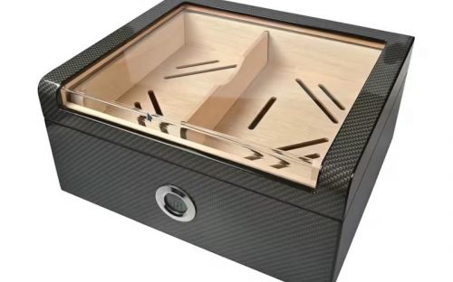 Gastrohumidor für 80 Zigarren, Zigarrenbehalter mit Acryldeckel, aus spanischem Zedernholz, Befeuchter und Hygrometer - Carbon