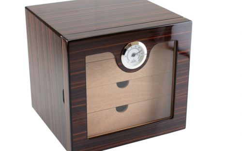 Humidorschrank für 80 Zigarren, spanischer Zeder, 4 Schubladen, Glastür - Teak-Holz, Achenty!