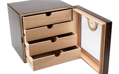 Humidorschrank für 80 Zigarren, spanischer Zeder, 4 Schubladen, Glastür - Teak-Holz, Achenty!