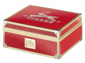 Humidor für 40 Zigarren, Zigarrenkistehalter aus spanischem Zedernholz, mit Befeuchter, Hygrometer - rot, mit goldfarbenem Metallrahmen, Angelo